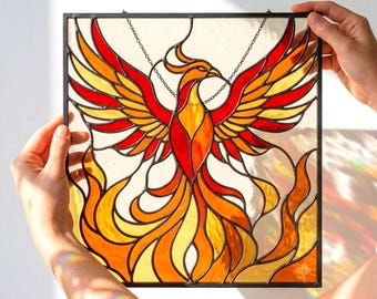 Phoenix Stained Glass Pattern, Fire Bird Suncatcher Design, Mythical Window Panel Digital Download, Window Panel PDF PNG