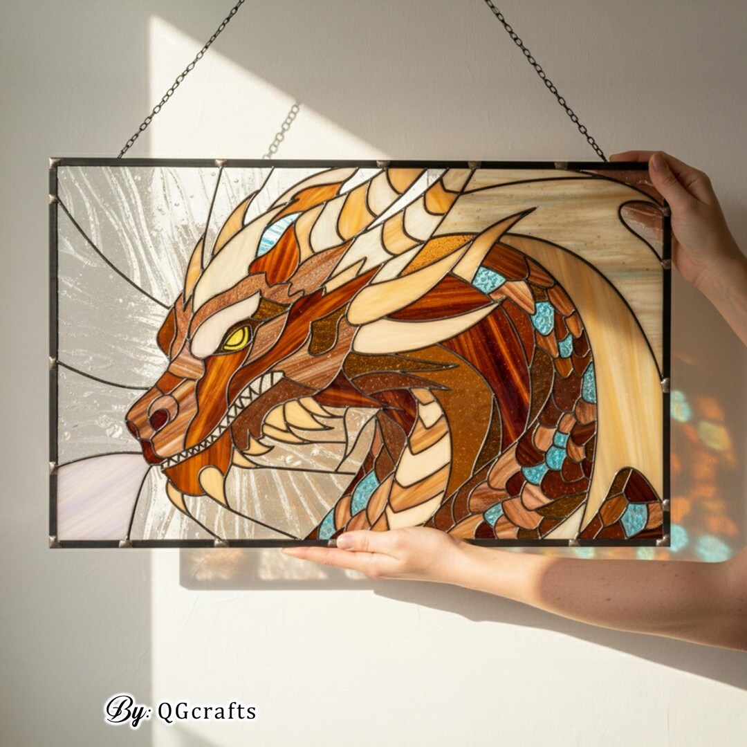 Fire Dragon Stained Glass Pattern – Fantasy Wall Art Suncatcher ...