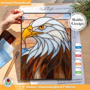 May include: A stained glass pattern of a bald eagle with a yellow beak and brown and white feathers. The image includes the text "Bald Eagle" and "Instant Download". A "Hobby License" badge is visible, along with file type icons.