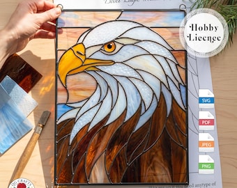 Patrón de vidriera de águila calva en PDF, plantilla de atrapasoles de aves americanas, descarga digital para proyecto de arte en vidrio DIY, panel de ventana de águila QG131