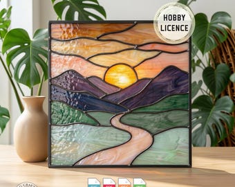 Mountain landscape stained glass, DIY Stained Glass Pattern, Mountain & River Landscape Design, Easy Stained Glass Art Project QG83