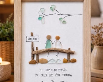 Gepersonaliseerde lijst van gepolijst glas en drijfhout – Een uniek cadeau voor stellen – Handgemaakte romantische decoratie – Foto van kiezels en zeeglas