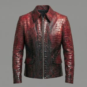 Peut inclure: Une veste à manches longues présentant une texture gaufrée en relief façon crocodile dans des tons rouge foncé et noir. Le vêtement comprend un col classique, une fermeture éclair verticale en métal et deux poches à rabat à la taille.