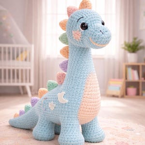 May include: A light blue crochet dinosaur with a friendly expression. The handmade plush toy features pastel accents on its back, belly, and face. It has a crescent moon and flower applique on its side. The dinosaur is approximately 12 inches tall.