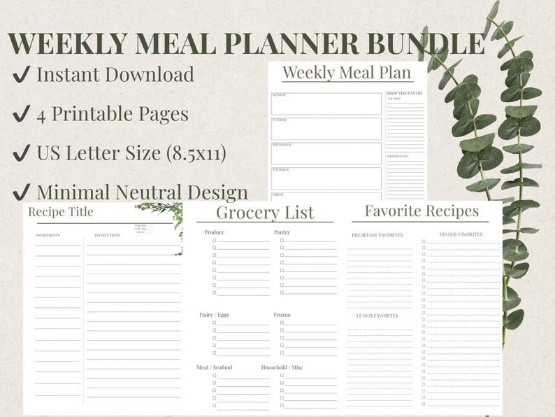 Weekly Meal Planner Printable – Minimalist Grocery List & Recipe Pages ...