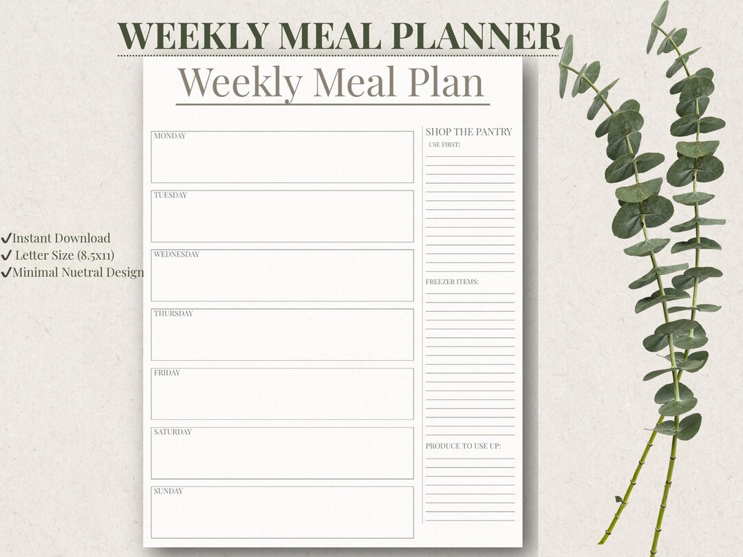 Weekly Meal Planner Printable – Minimalist Grocery List & Recipe Pages ...