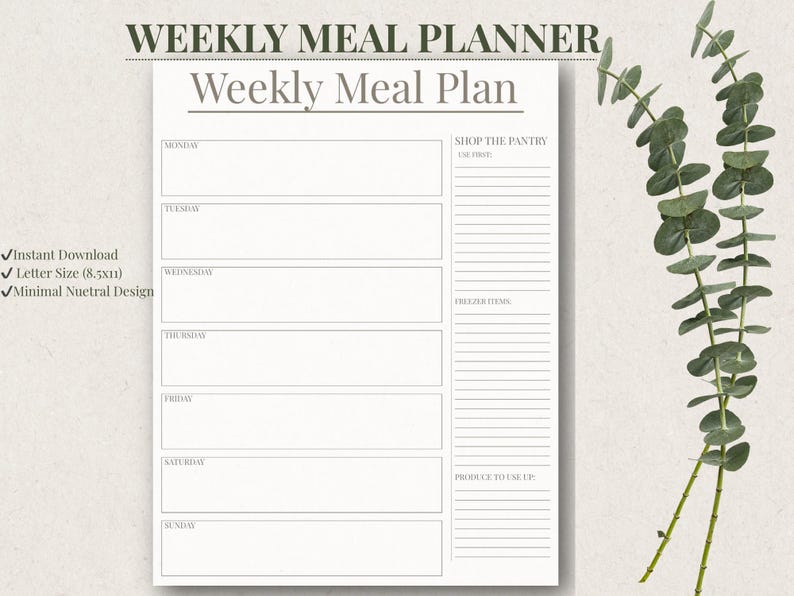 Weekly Meal Planner Printable – Minimalist Grocery List & Recipe Pages ...