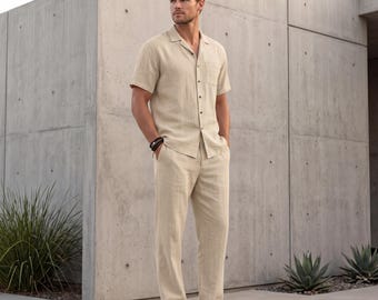 Conjunto de dos piezas de algodón y lino para hombre – Ropa de verano para la playa