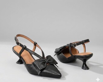Creative Leather Black Heels | Elegant Black Leather Slingback Heels | Handmade Leather Heels for Mom | Bridesmaid Gift | Free Shipping