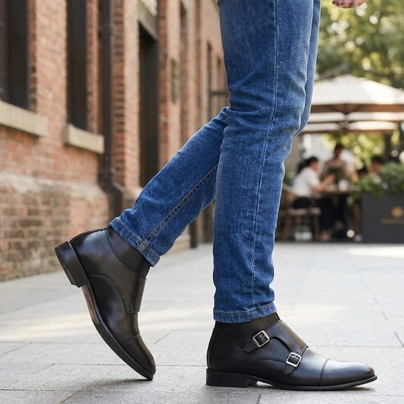 May include: Black leather ankle boots with double buckle closures and a pointed toe. The boots are worn with blue jeans, and the image is taken outdoors on a paved surface. The boots have a sleek, polished appearance.