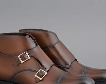 Creative Leather Brown Ankle Boot | Double Buckle Dress Shoes | Genuine Leather Shoes | Classic Formal Wedding Shoes for Men | Free Shipping