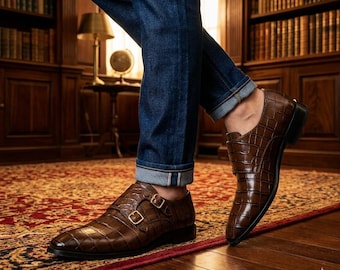 Creative Leather Brown Monk Shoe | Men's Crocodile Leather Monk Strap Shoes | Oxford Leather Party Shoe | Handmade Double Buckle Dress Shoe
