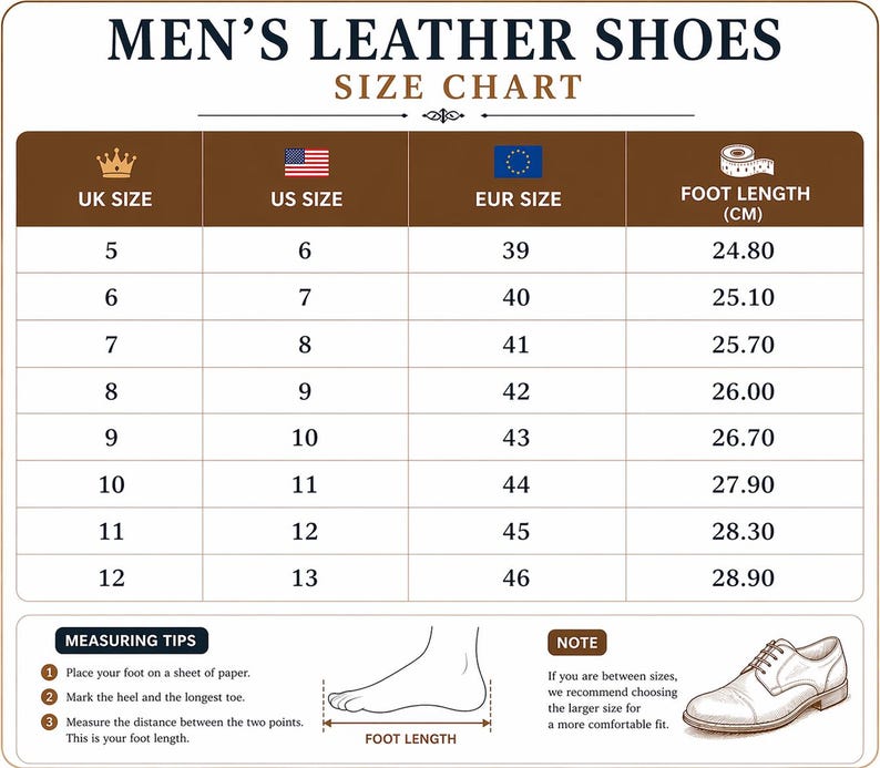 May include: A size chart for men's leather shoes. The chart includes UK, US, and EUR sizes, along with corresponding foot lengths in centimeters. Instructions for measuring foot length are provided, along with a note about choosing the larger size for a comfortable fit.