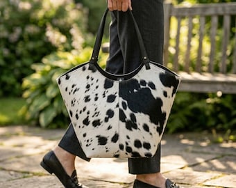 Creative Leather White & Black Luxury Tote | Hair on Tote Bag | Cowhide Hand Bag | Rustic Shoulder Bag | Western Stylish Bag | Free Shipping