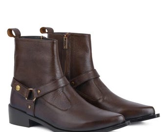 Creative Leather Handmade Ankle Boots | Brown Harness Strap Boots | Premium Genuine Leather Fashion Shoes | Men's Leather Boot|Free Shipping