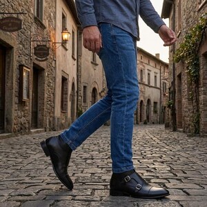 May include: Black leather ankle boots with double buckle detail. The boots have a pointed toe and are worn with blue jeans. The image is taken on a cobblestone street.