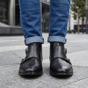 May include: A pair of black leather ankle boots with double buckle straps. The boots are worn with blue denim jeans with the cuffs rolled up, showcasing the boots' design. The boots are on a gray stone surface.