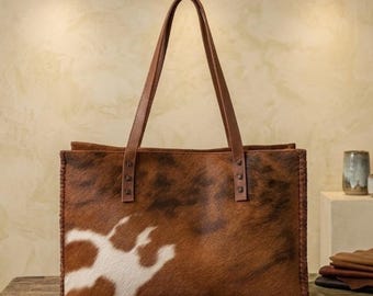 Hair On Hide Cowhide Tote | Western Leather Handbag | Brown Cow Print Purse | Stylish Everyday Tote | Creative Leather | Gift for Her