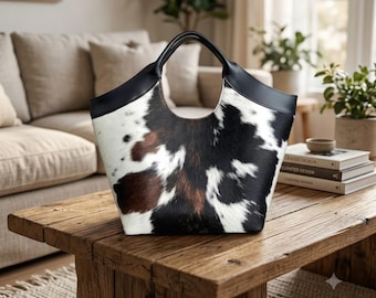 Creative Leather Cowhide Hair-On Tote Bag | Hair On Hide Shoulder Tote | Western Leather Purse for Women | Rustic Fashion Handbag