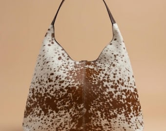 Handmade Genuine Cowhide Hobo Bag – Hair on Hide Leather Shoulder Tote | Brown & White Western Cow Print Purse for Women