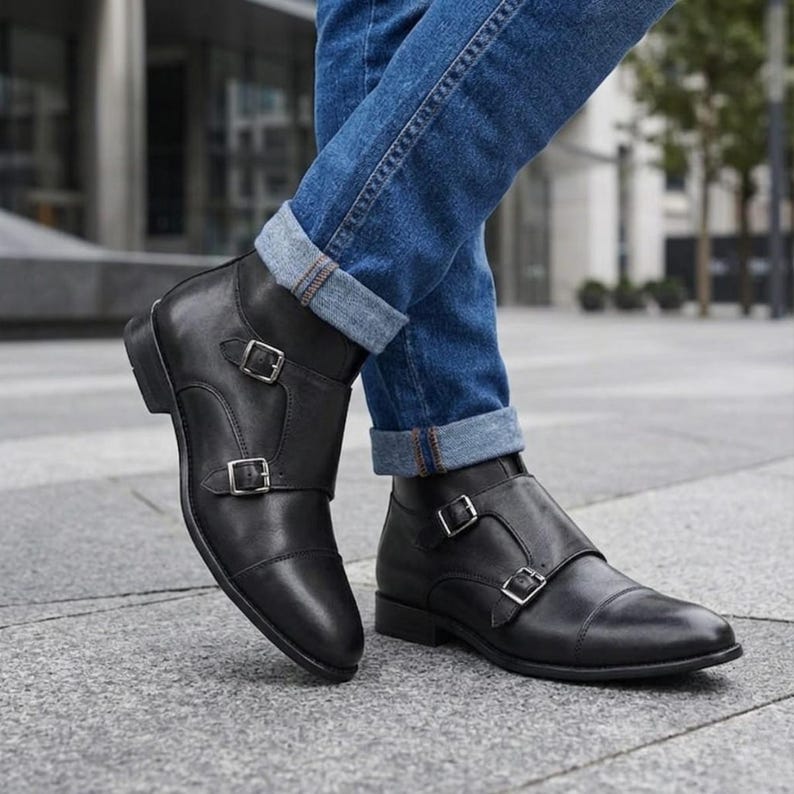May include: Black leather ankle boots with double buckle closures. The boots have a pointed toe and are worn with blue jeans. The buckles are silver-colored. The boots are a classic style.