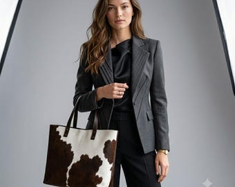 Creative Leather Cowhide Tote Bag | Hair on Travel Purse | Gift for Mom | Women Shoulder Bag | Western Cow Print Tote