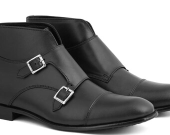 Creative Leather Black Ankle Boot | Double Buckle Dress Shoes | Genuine Leather Shoes | Classic Formal Wedding Shoes for Men | Free Shipping