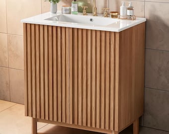Bathroom Vanity with Ceramic Sink Solid Wood Legs Soft Close Doors Freestanding Wood Tone Cabinet, 30 Inch Traditional