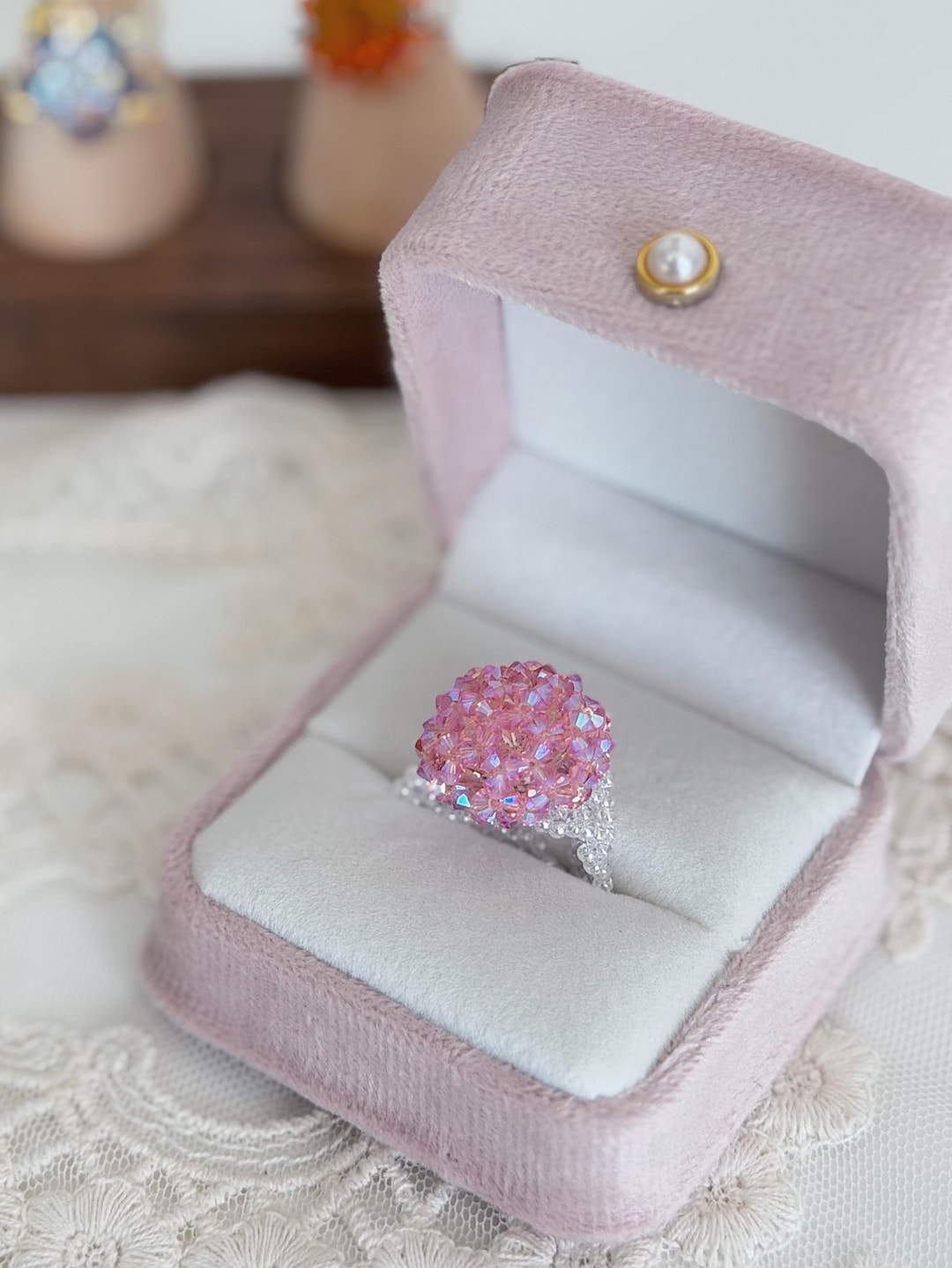 Handmade Pink Crystal Beaded Ring, Sparkling Cluster Statement Ring - Etsy