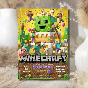 May include: A colorful Minecraft-themed birthday party invitation. The design features a Minecraft cake with characters, balloons, and confetti. The invitation includes the text "MICHEAL IS TURNING 5" and event details.