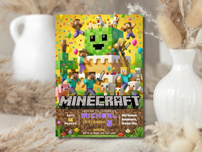 May include: A colorful Minecraft-themed birthday party invitation. The design features a Minecraft cake with characters, balloons, and confetti. The invitation includes the text "MICHEAL IS TURNING 5" and event details.