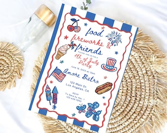 4th of July BBQ Invitation Template, Patriotic Cookout Party Invite, Red White Blue Fireworks Canva Card