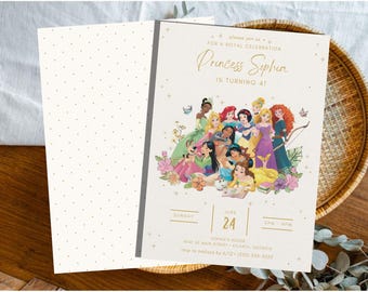 Disney Princess Gold Floral Birthday Invitation Editable Canva Template Princess Party Invite Girl Birthday