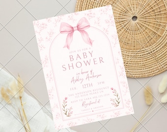 Dusty Pink Bow Baby Shower Invitation Editable Canva Template Floral Toile Chinoiserie Coquette Invite