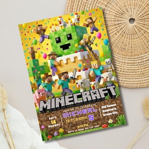 May include: A colorful Minecraft-themed birthday invitation. The design features characters and elements from the game, including a green Creeper, Steve, and a cake. The invitation includes the text "Minecraft", the name "Micheal", the age "5", and event details.