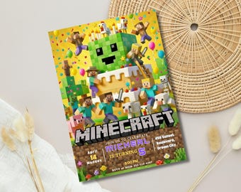 Pixel Block Birthday Invitation, Gamer Birthday Party Invite, Minecraft Style Boys Birthday Invitation, Editable Canva Template,