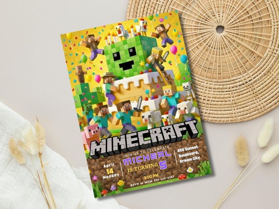 Pixel Block Birthday Invitation, Gamer Birthday Party Invite, Minecraft Style Boys Birthday Invitation, Editable Canva Template,