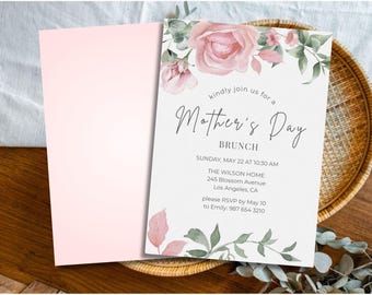 Budget Floral Mother’s Day Brunch Invitation, Pink Floral Brunch Invite, Affordable Mom Brunch Party Invite, Editable Canva Template