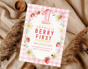 Berry First Birthday Invitation, Strawberry 1st Birthday Invite, Berry First Party Girl, Daisy Strawberry Birthday, Editable Canva Template