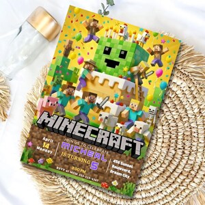 May include: A Minecraft-themed birthday party invitation. The invitation features a cake with Minecraft characters, the game's logo, and the text "MICHEAL IS TURNING 5". The invitation includes the date, time, and location.