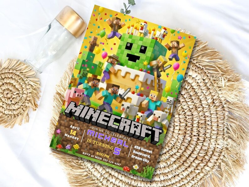 May include: A Minecraft-themed birthday party invitation. The invitation features a cake with Minecraft characters, the game's logo, and the text "MICHEAL IS TURNING 5". The invitation includes the date, time, and location.