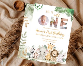 Wild One First Birthday Invitation Editable Canva Template Safari Animal Jungle Boy 1st Birthday Invite