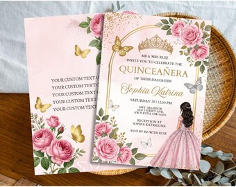 Blush Pink Gold Princess Quinceanera Flyer Editable Canva Template Floral Sweet 15 Party Invitation