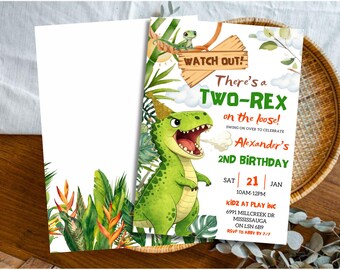 Green Two Rex Birthday Invitation Editable Canva Template Dinosaur 2nd Birthday Party Invite Boy Dino