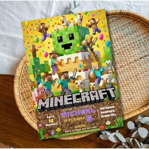 May include: A Minecraft-themed birthday party invitation with a yellow background. The invitation features Minecraft characters, a cake, and the text "MINECRAFT". It includes party details: April 14, Monday, 3:00 PM, and RSVP information.