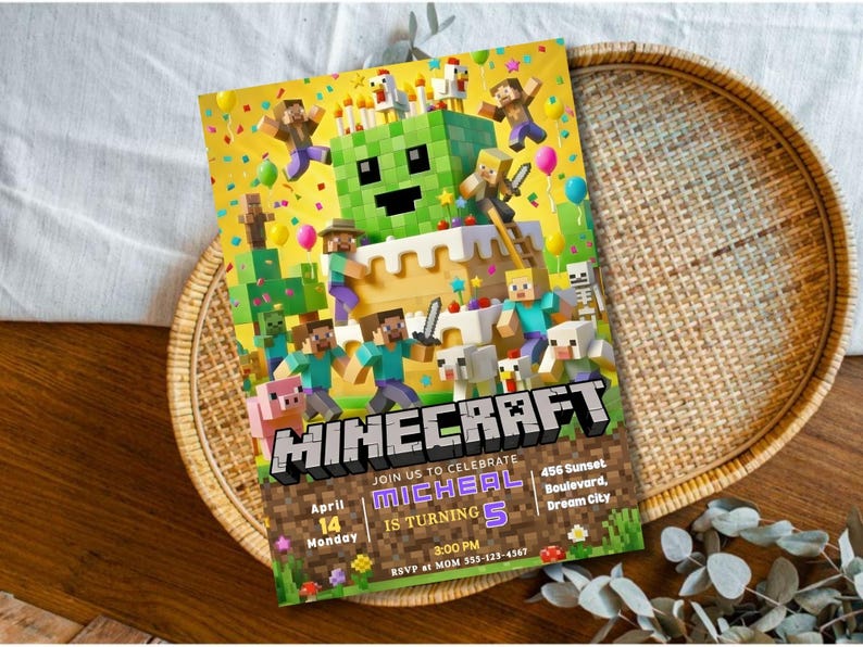 May include: A Minecraft-themed birthday party invitation with a yellow background. The invitation features Minecraft characters, a cake, and the text "MINECRAFT". It includes party details: April 14, Monday, 3:00 PM, and RSVP information.