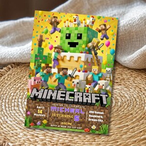 May include: A colorful Minecraft-themed birthday party invitation. The design features characters, a cake, and the game's logo. The invitation includes the text "MICHEAL IS TURNING 5" and event details.