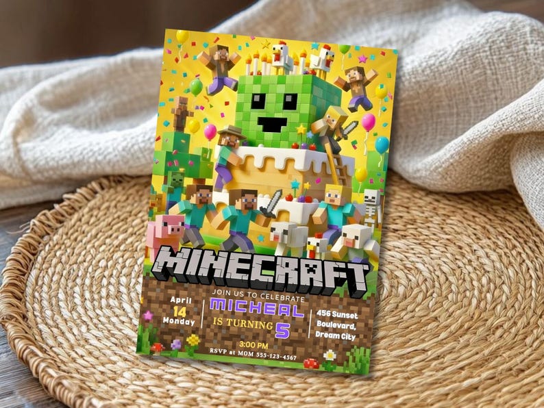 May include: A colorful Minecraft-themed birthday party invitation. The design features characters, a cake, and the game's logo. The invitation includes the text "MICHEAL IS TURNING 5" and event details.