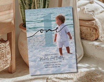 Editable 1st Birthday Invitation, First Birthday Invite, Minimalist Boho 1st Birthday, Boy or Girl One Photo Party Invite, Canva Template