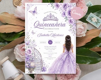 May include: A rectangular Quinceañera celebration invitation card featuring a purple tiara, butterflies, and floral accents. The text includes the name Isabella Martinez, the date August 16, and venue details. An illustration of a person in a purple gown is shown.